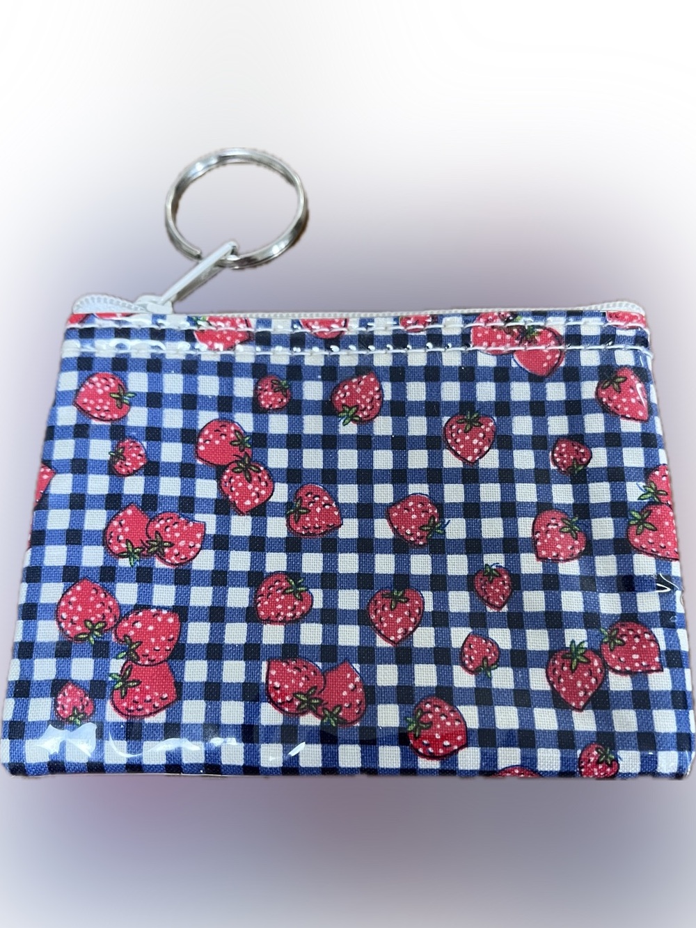Strawberry Blue Plaid Gingham Coin Purse